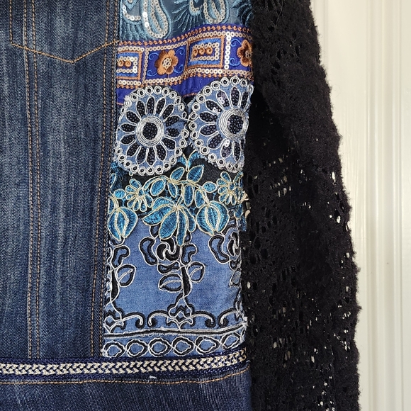 Blue Denim Embroidered Jean Jacket, Black Crocheted Lace Sleeves BOHO by MISHCA - Picture 3 of 7